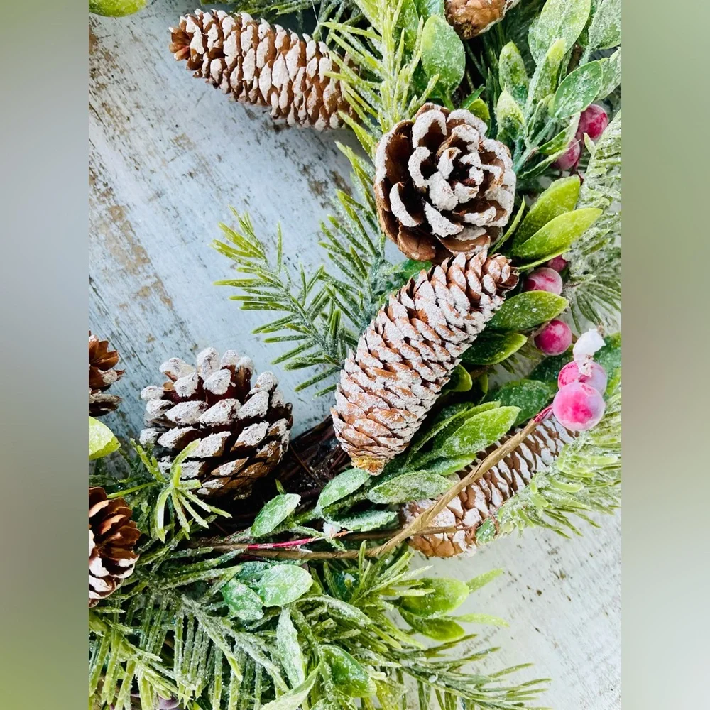 Frosty Cedar, Pinecone & Red Berry Wreath